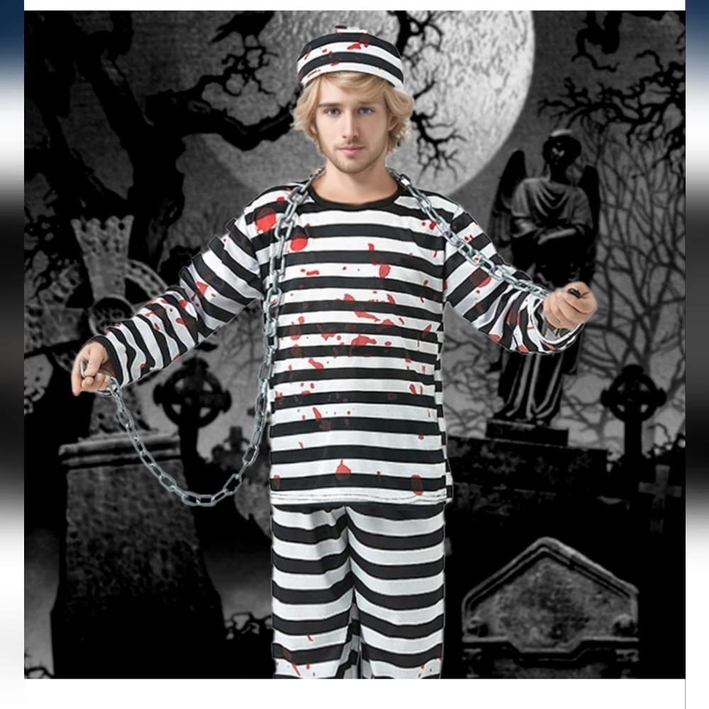 Striped Prisoner Costume with Hat and Chain - Picture 5 of 5